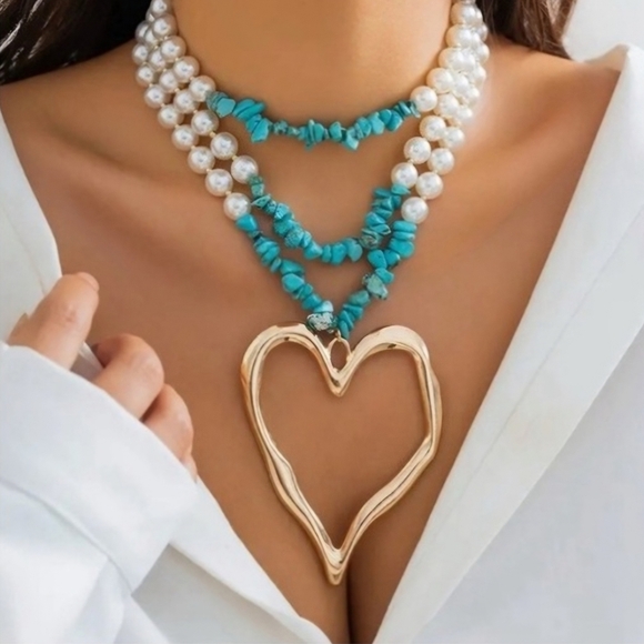 Fashion Jewelry Jewelry - Heart Necklace Gold Pendant Turquoise and Pearl Strands